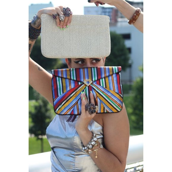 Talkingfashionnet Handbags - Vintage Colorful Striped Metallic Clutch Shoulder Bag